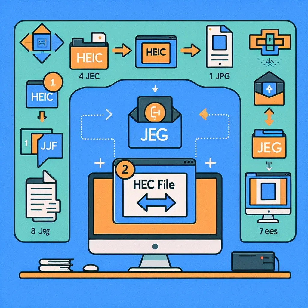 "Ilustração mostrando o processo de conversão de arquivos HEIC para JPG, destacando as etapas e ferramentas necessárias, acompanhando o guia completo sobre como realizar a conversão de imagens."