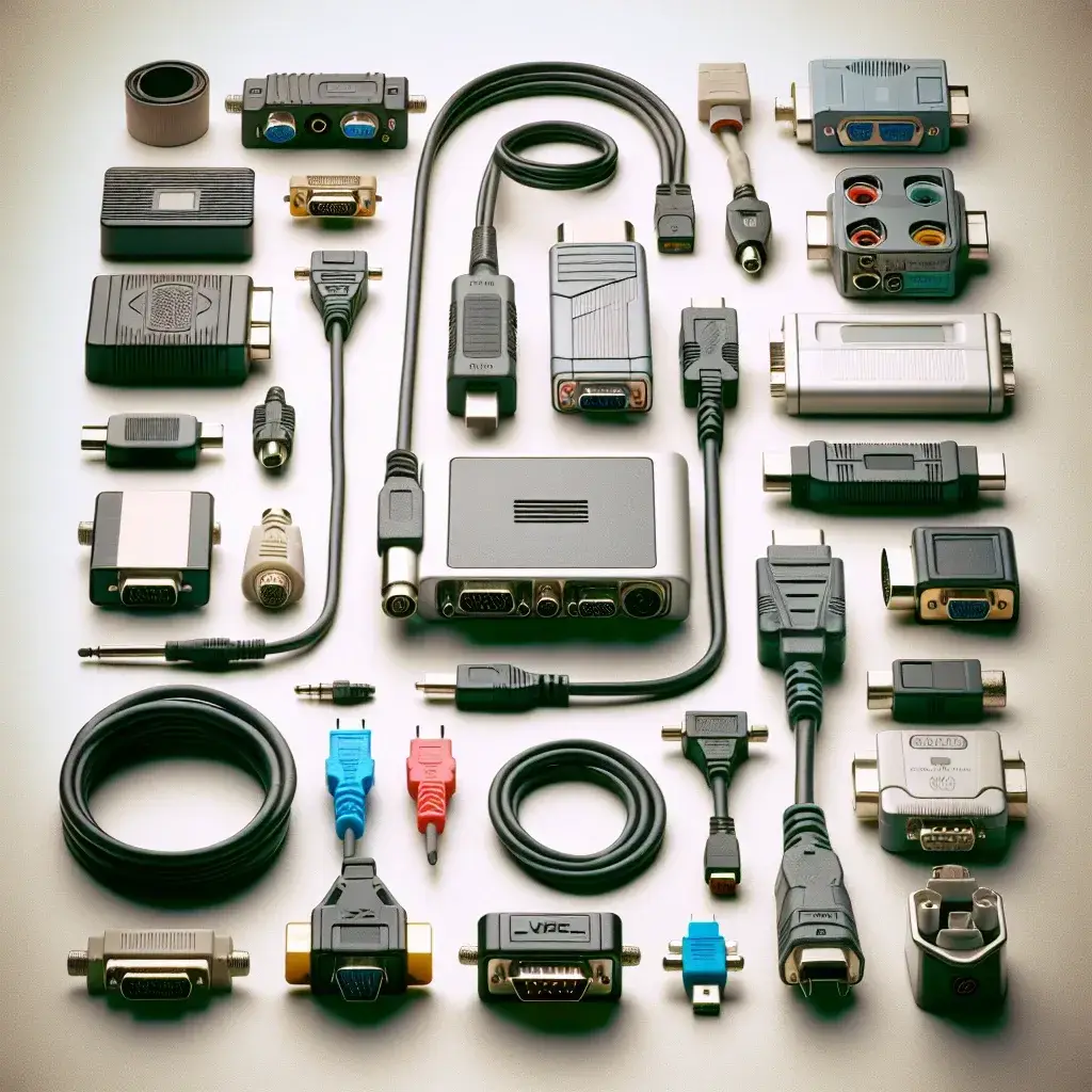 "Adaptadores e Conversores de Vídeo para Monitores Legados: imagem ilustrativa mostrando diversos modelos de adaptadores de vídeo, incluindo HDMI para VGA e AV para HDMI, destacando a compatibilidade com monitores antigos no mercado nacional."