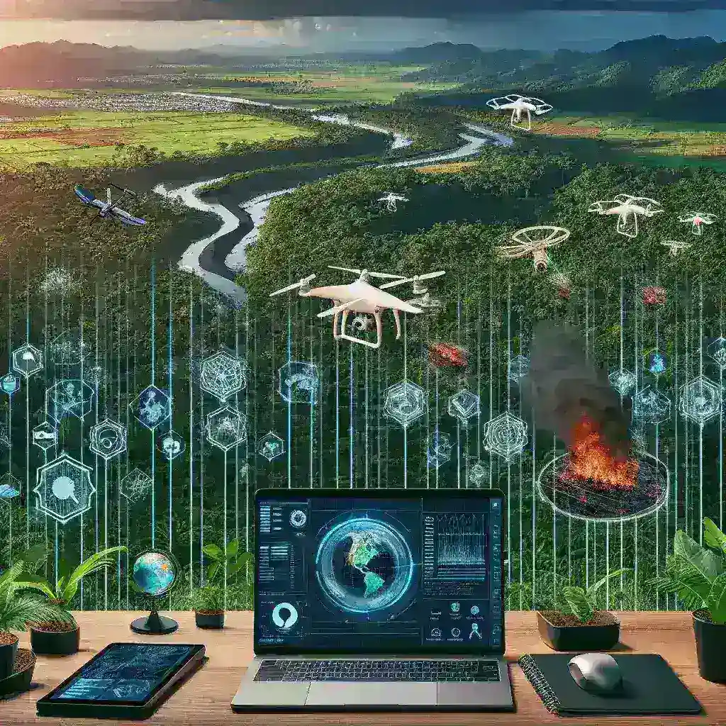 "Ilustração de tecnologia de inteligência artificial analisando dados sobre crimes ambientais no Brasil, destacando a interação entre máquinas e vigilância ambiental."